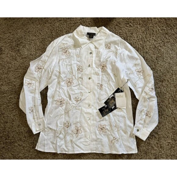 NWT Vintage White Linen Button Tunic Top Embroidered Quiet Luxury Office MEDIUM - Picture 1 of 6